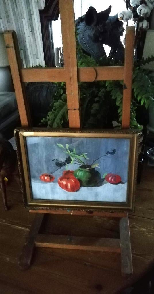 Oud schilderijtje canvas in lijst bloemen stilleven, Ophalen of Verzenden