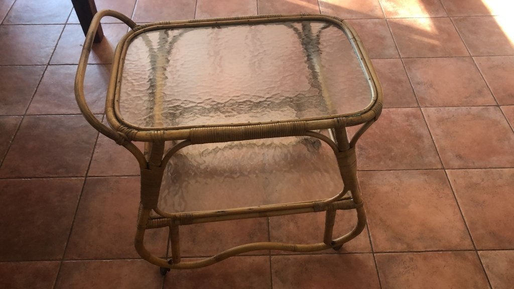 rotan serveerwagen met 2 glasplaten (gewolkt glas) jaren '50, Gebruikt, Rond, Bohemian, 55 tot 75 cm