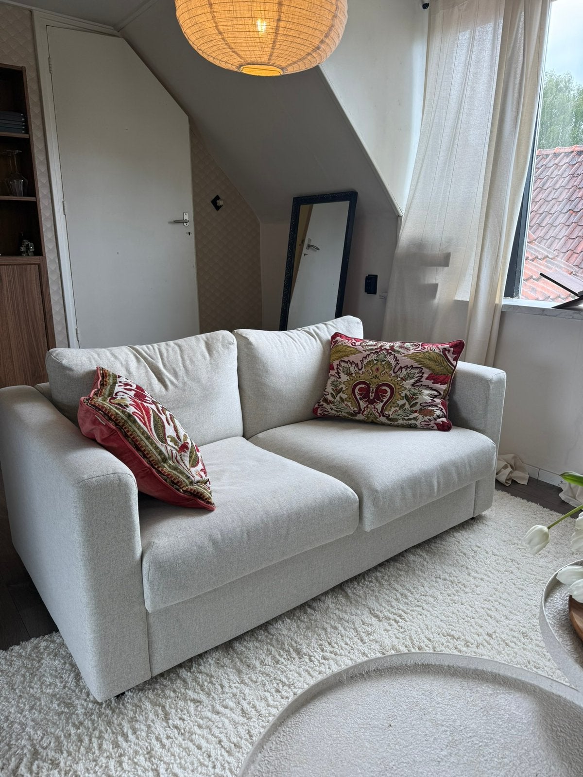 Beige 2-zits bank, Huis en Inrichting, Banken | Bankstellen, Ophalen, 150 tot 200 cm, Tweepersoons, 75 tot 100 cm