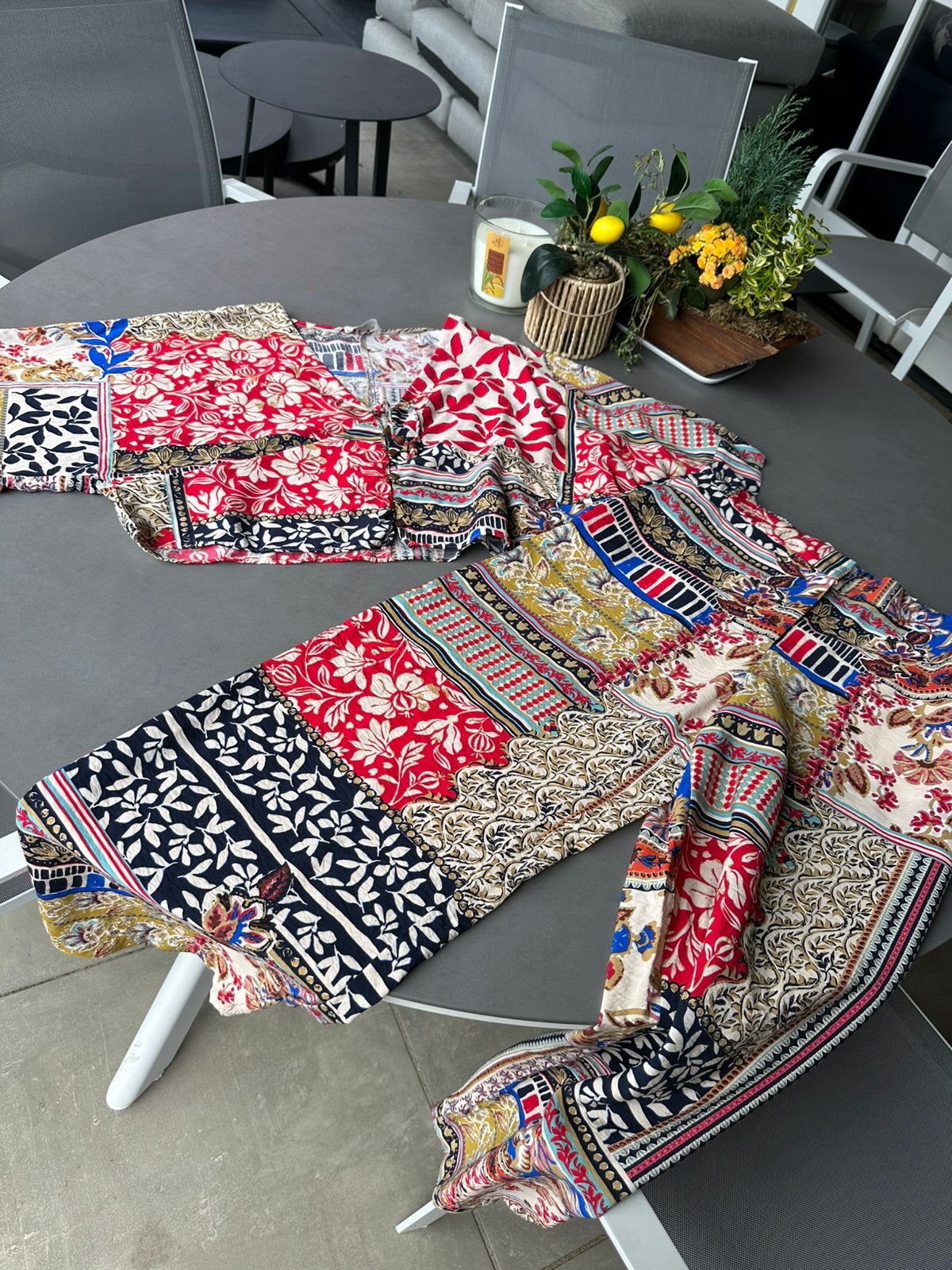 Rood/blauw/bruine Zara broek en blouse, maat XL = L, Zara, Maat 42/44 (L), Nieuw, Lang