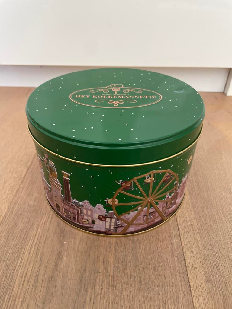 Groene koektrommel koekblik "Het Koekemannetje", Ophalen of Verzenden, Gebruikt