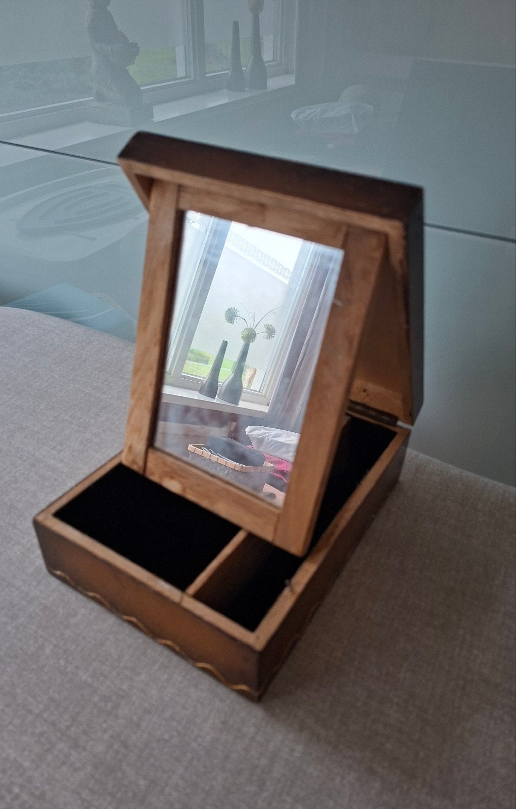 Vintage houten scheerdoosje met spiegel - 20x15 cm, Ophalen of Verzenden