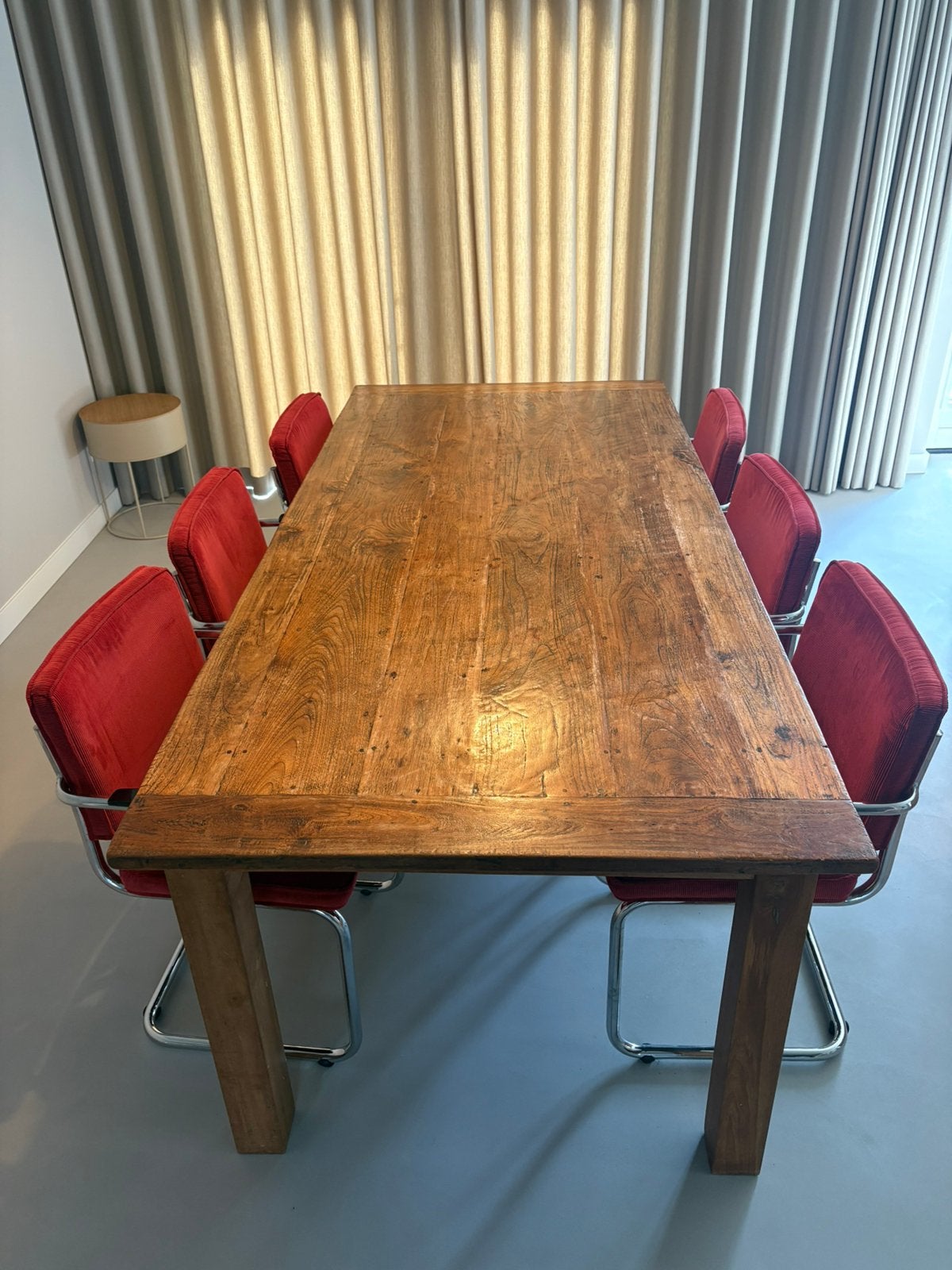Massief teakhouten eettafel en 6 buizenframestoelen, Ophalen, Zo goed als nieuw, 6 tot 8 stoelen