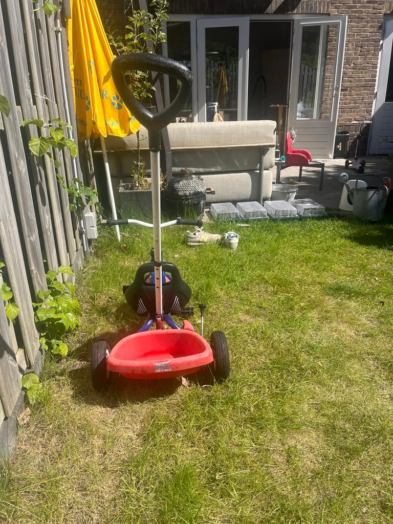Kinder driewieler met duwstang, Ophalen, Gebruikt, Velgrem, Duwstang
