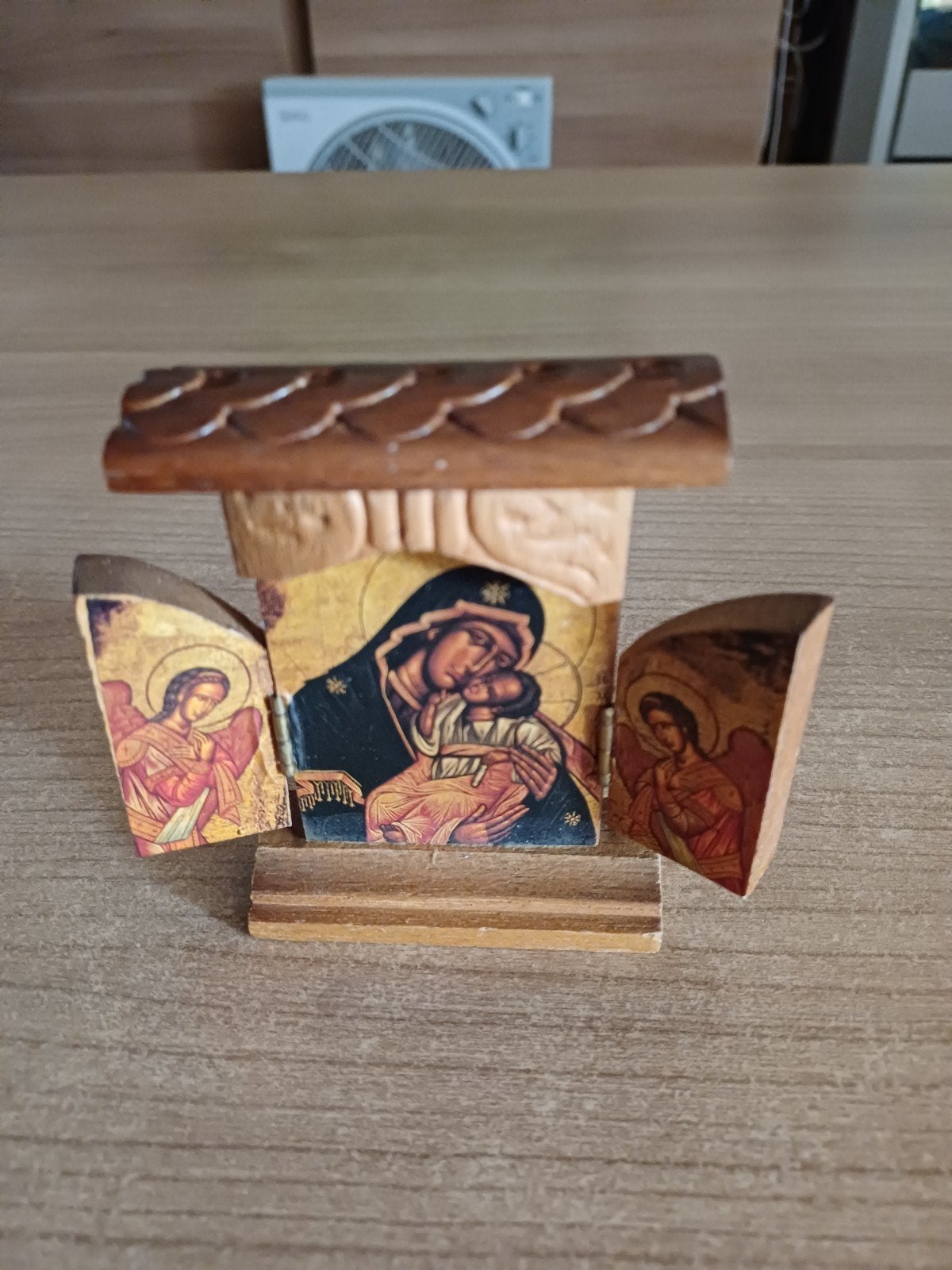 Houten icoon Maria met Kind en engelen, 12 cm hoog, Antiek en Kunst, Ophalen of Verzenden