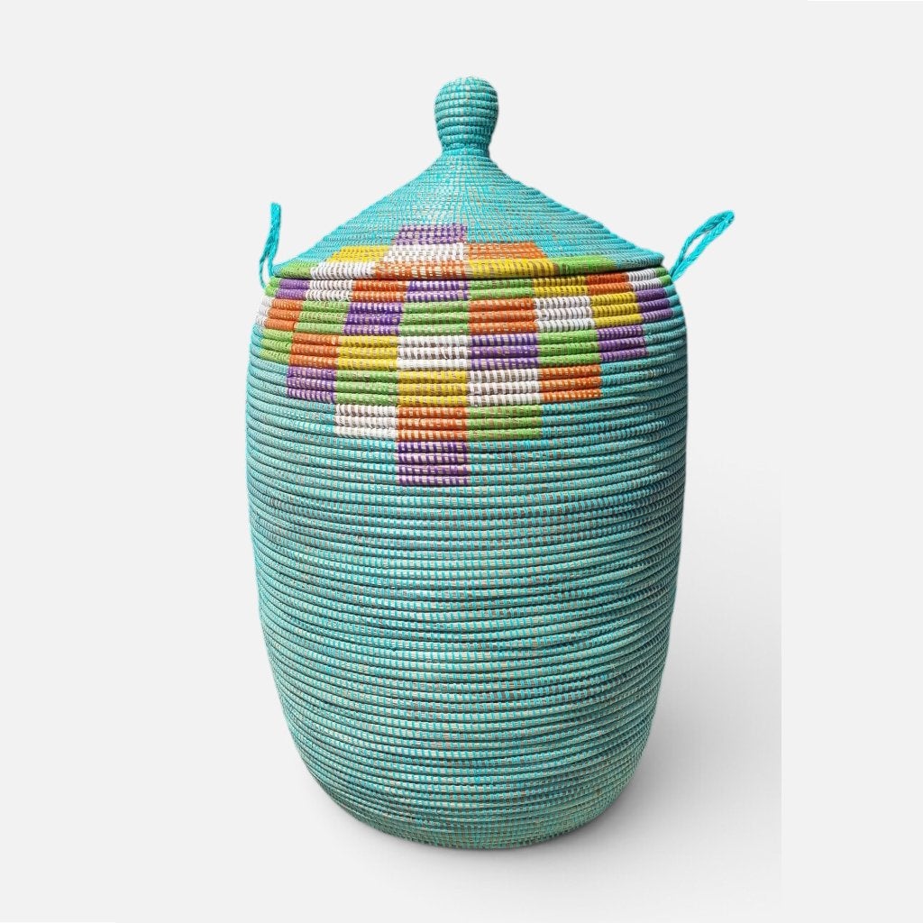 Afrikaans wasmand turquoise zeegras opbergmand uit Senegal, Mand, Rond, Nieuw, Ophalen of Verzenden