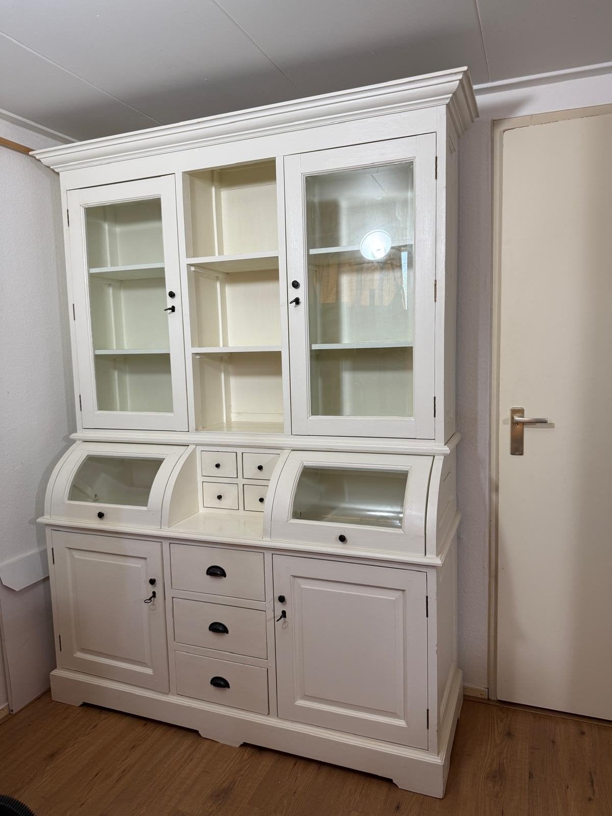 Witte Teakhouten Winkel/Buffetkast, Ophalen, Gebruikt, 200 cm of meer, Glas