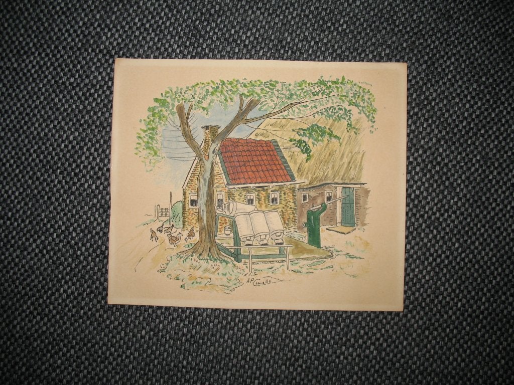 Tekening Prent Boerderij Landschap en Gesigneerd, Ophalen of Verzenden