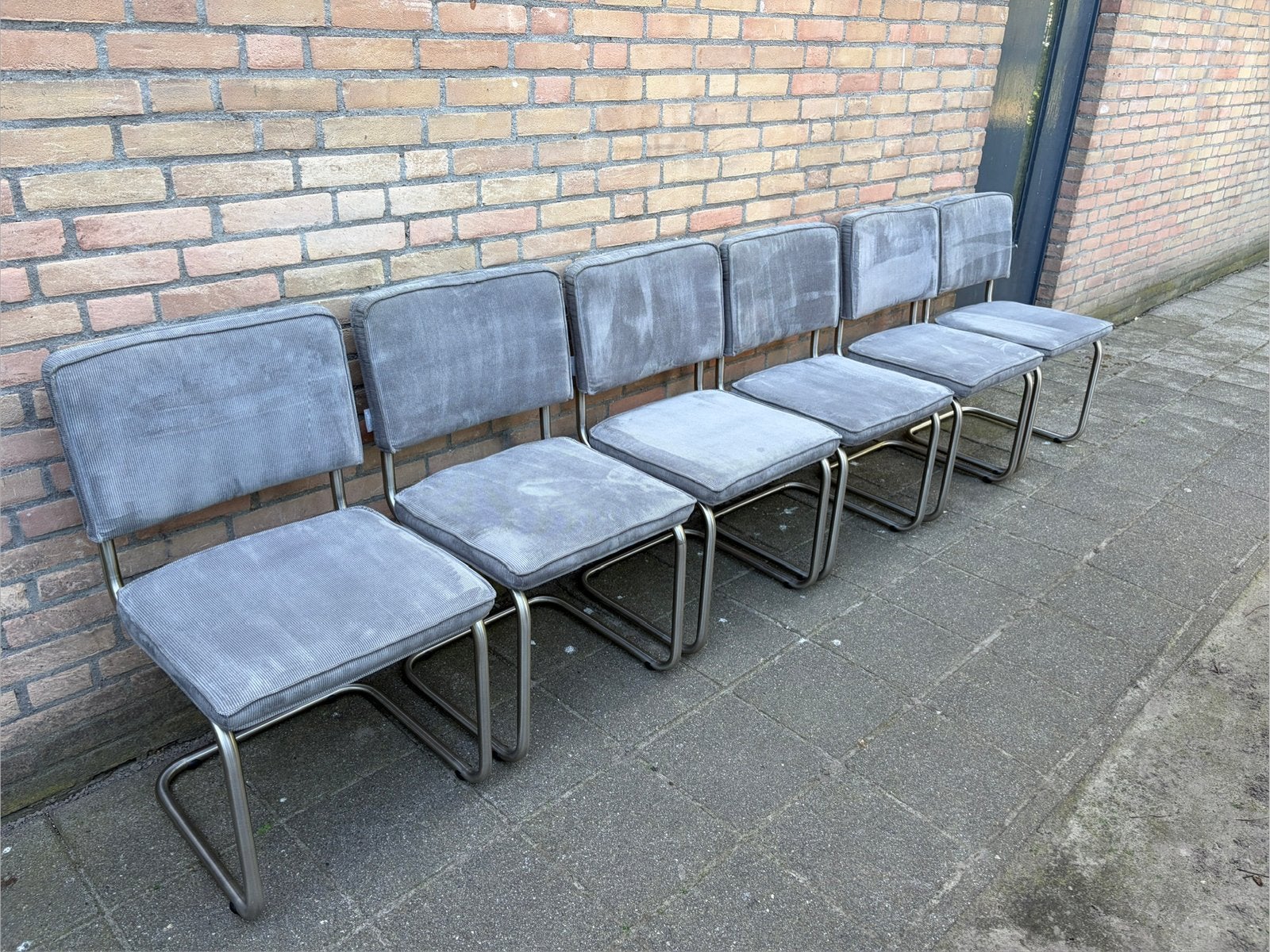 🪑✅ 6 Grijze Zuiver Ridge Rib Ribstof Stoelen, Ophalen, Gebruikt, Stof, Grijs