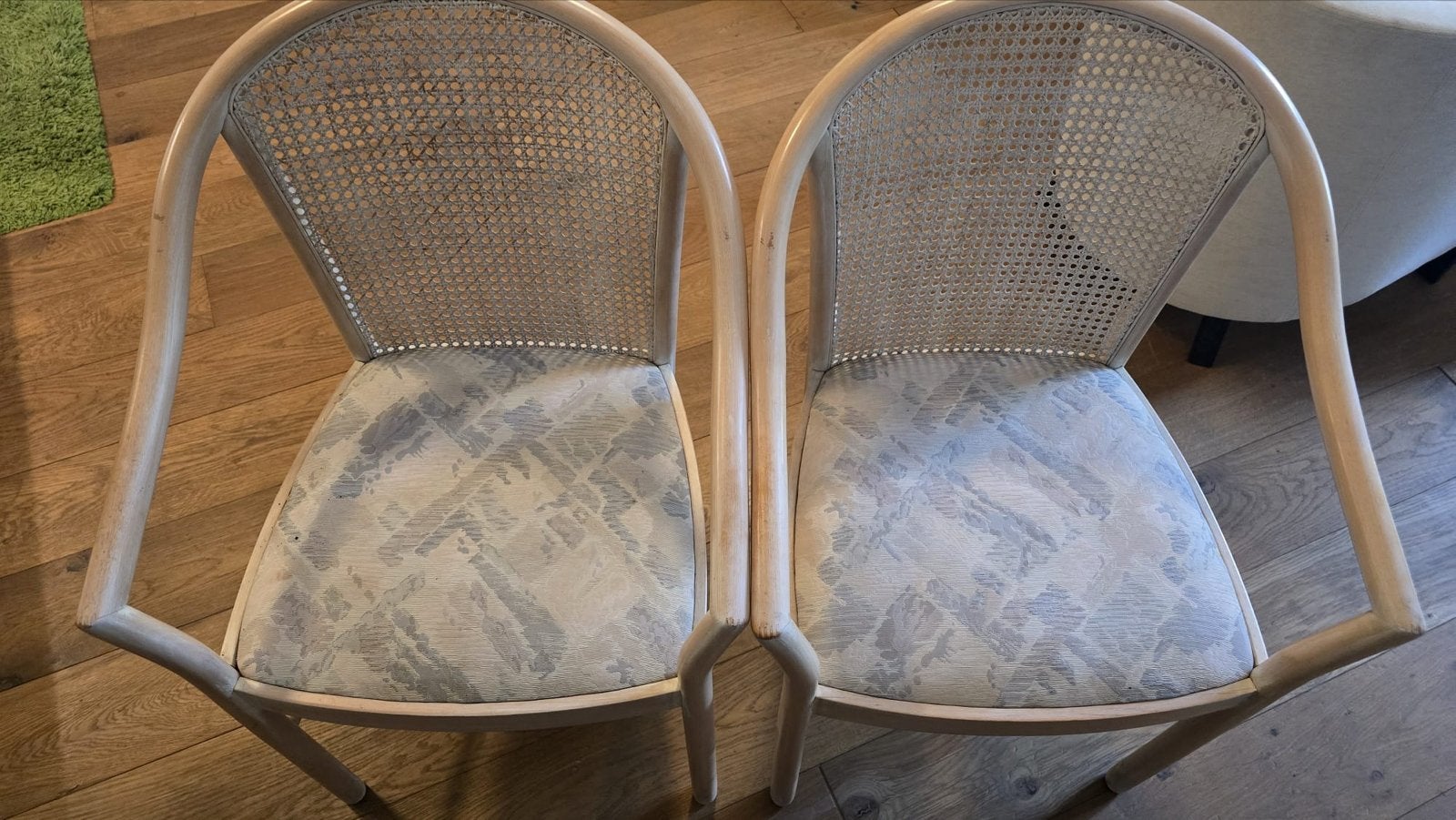 Set van 4 vintage rotan stoelen met webbing en stoffen zitti, Ophalen of Verzenden