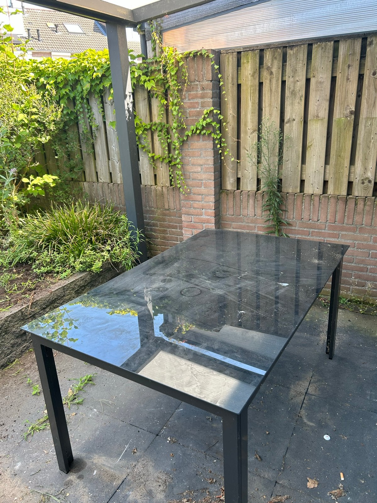 Zwarte tuintafel met glazen blad, Ophalen, Gebruikt, Rechthoekig, Metaal