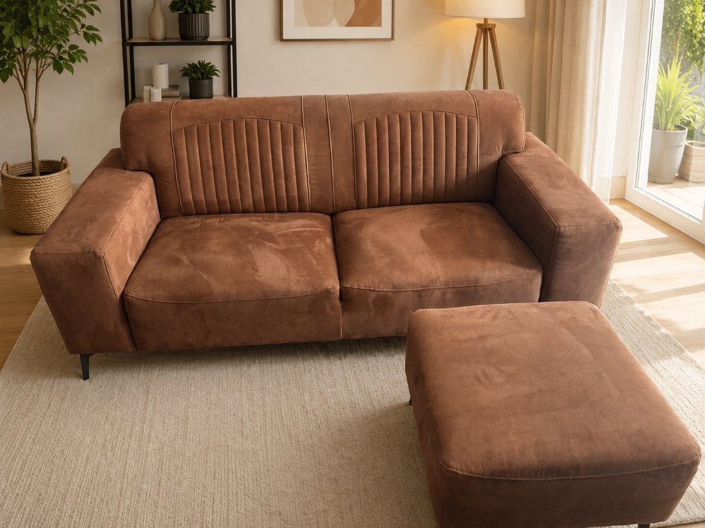 Moderne 2-zits bank + hocker | Alcantara-look, Ophalen, Tweepersoons, 75 tot 100 cm, Zo goed als nieuw