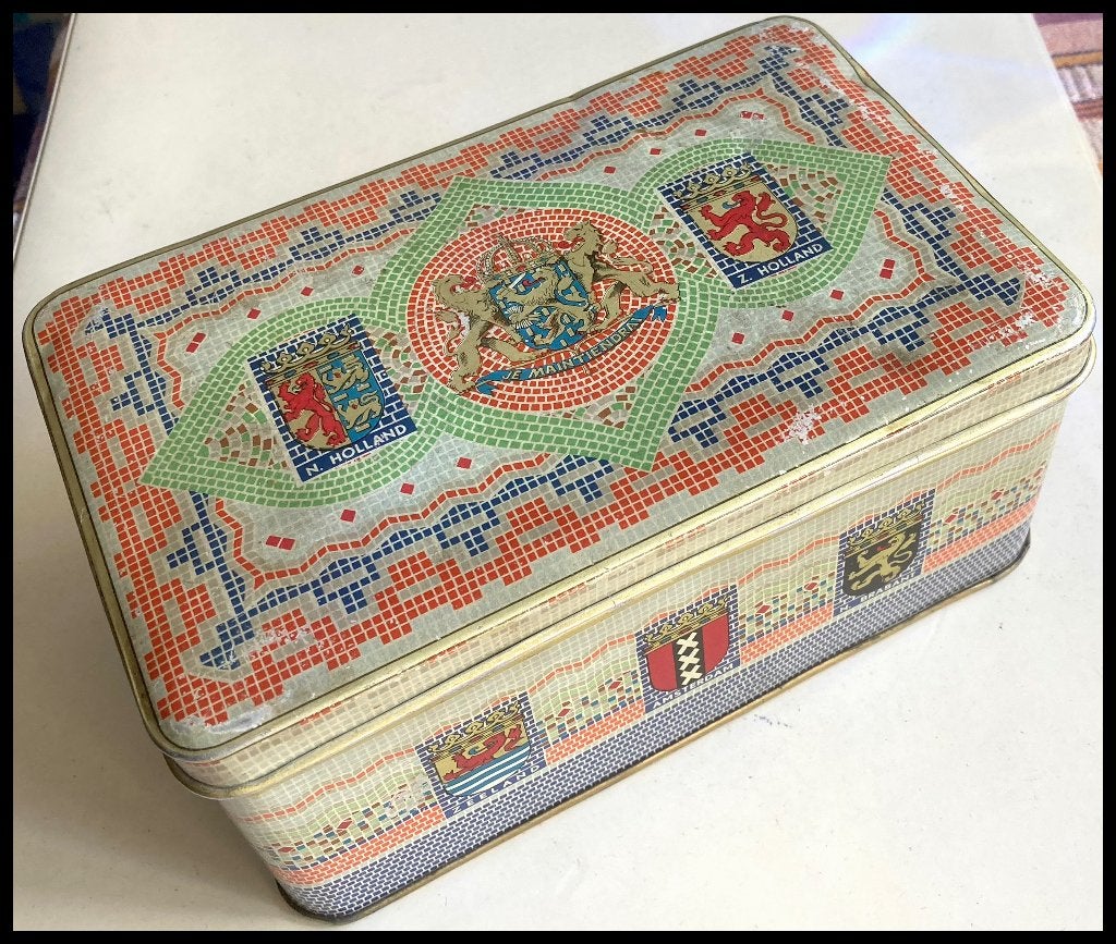 Vintage blikken De Gruyter-trommel met Nederlandse wapens, Verzenden, Gebruikt, Overige, Overige merken