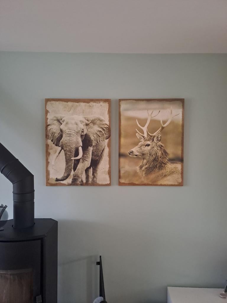 Jute schilderijen olifant en hert, Ophalen of Verzenden
