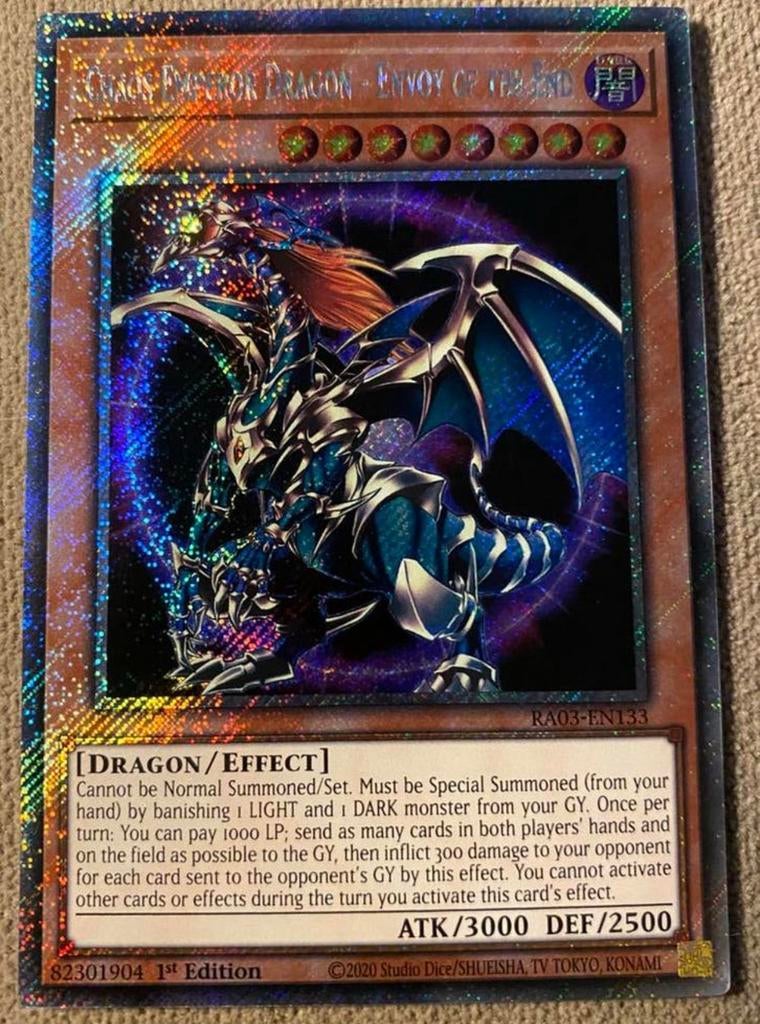 Yu-Gi-Oh! Chaos Emperor Dragon - Envoy of the End RA03 1st !, Ophalen of Verzenden, Zo goed als nieuw, Losse kaart, Foil