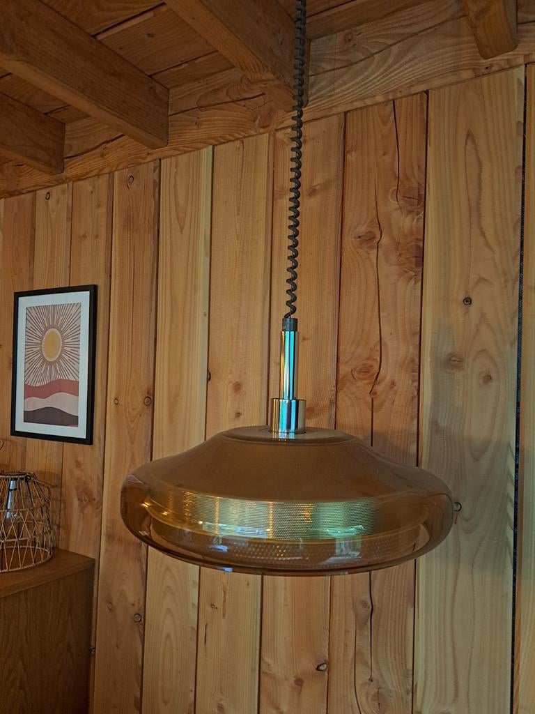 Grote retro/vintage gelige hanglamp, Ophalen of Verzenden, Gebruikt