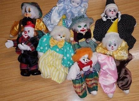 8 stuks Clowntjes poppen met porseleinen hoofdjes L=ca. 20cm, Verzamelen, Poppen, Ophalen of Verzenden, Zo goed als nieuw, Pop