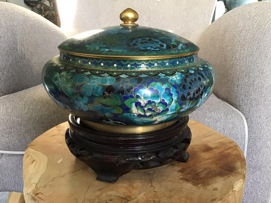 Cloisoné schaal met deksel chinees blauwe vaas (jingtai lan), Antiek en Kunst, Ophalen
