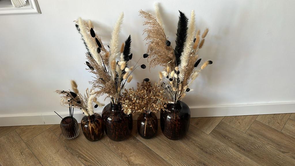 Set zwarte panter vazen met gedroogde bloemen, Ophalen, Gebruikt, Zwart, Glas
