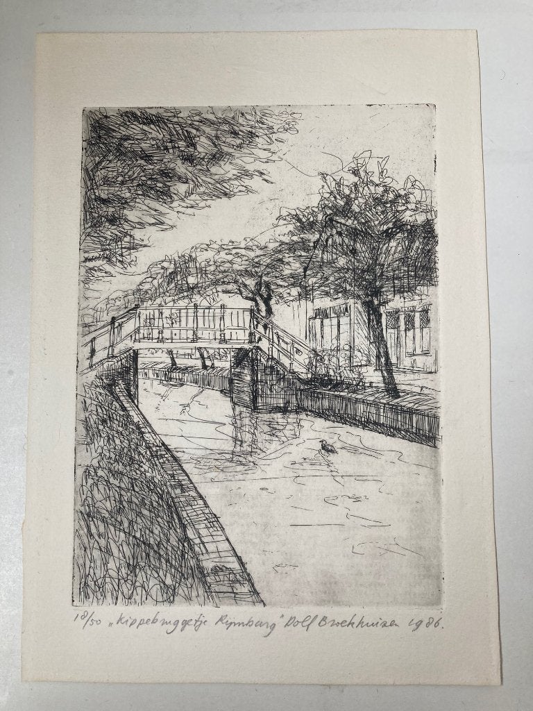 ETS "Kippebruggetje Rijnsburg" door Dolf Broekbuizen 1986, Antiek en Kunst, Ophalen, Genummerd, Landschap, 21 cm