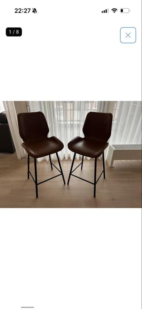Set van 2 bruine barkrukken, Huis en Inrichting, Barkrukken, Gebruikt, Met voetsteun, 60 tot 90 cm, Leer