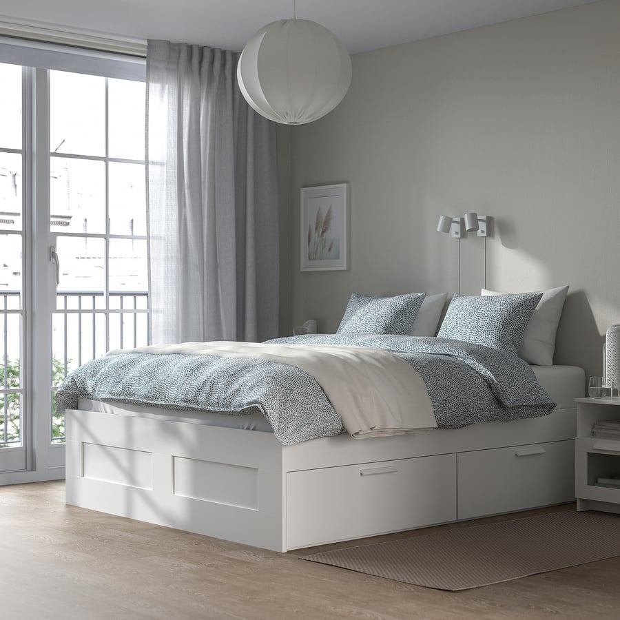 IKEA BRIMNES bed, lattenbodem, matras en beddegoed, Ophalen, BRIMNES, Wit, Tweepersoons