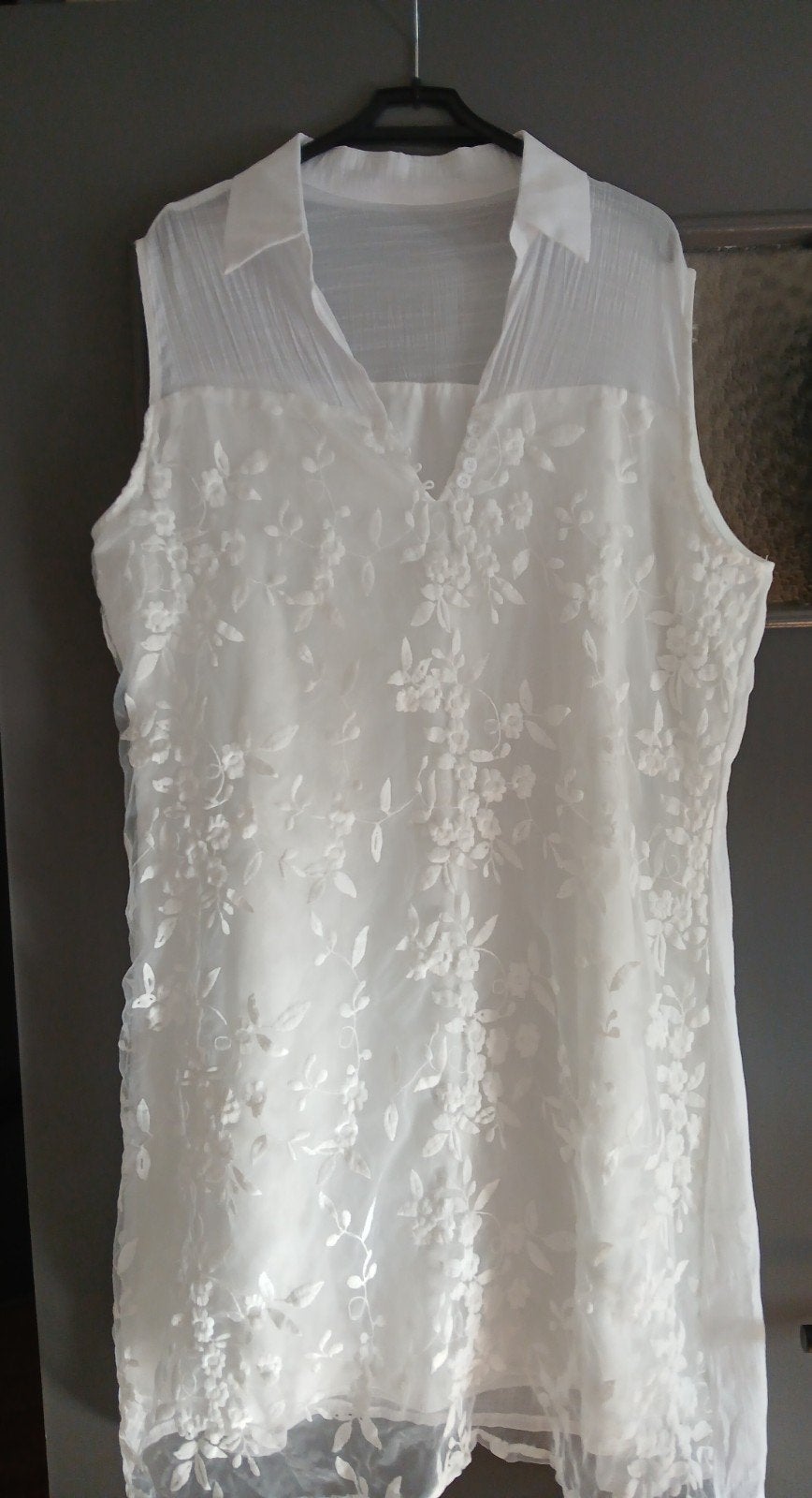Witre miywloze zomerjurk gevoerd met gebloemde tule XL, Wit, Maat 46/48 (XL) of groter, Ophalen of Verzenden, Zo goed als nieuw