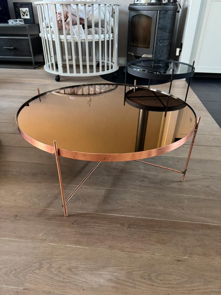 Set 2 salontafels rond 80 cm (koper) + 40 cm (zwart marm)., Gebruikt, Rond, Glas, Modern