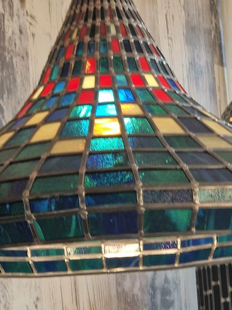 Prachtige handgemaakte glas en lood plafondlamp (brocante), Huis en Inrichting, Lampen | Plafondlampen, Ophalen, Zo goed als nieuw