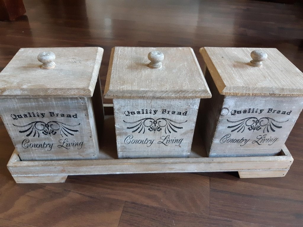 Sierplateau Country Living hout Quality Brand met 3 bakjes, Antiek en Kunst, Curiosa en Brocante, Ophalen of Verzenden