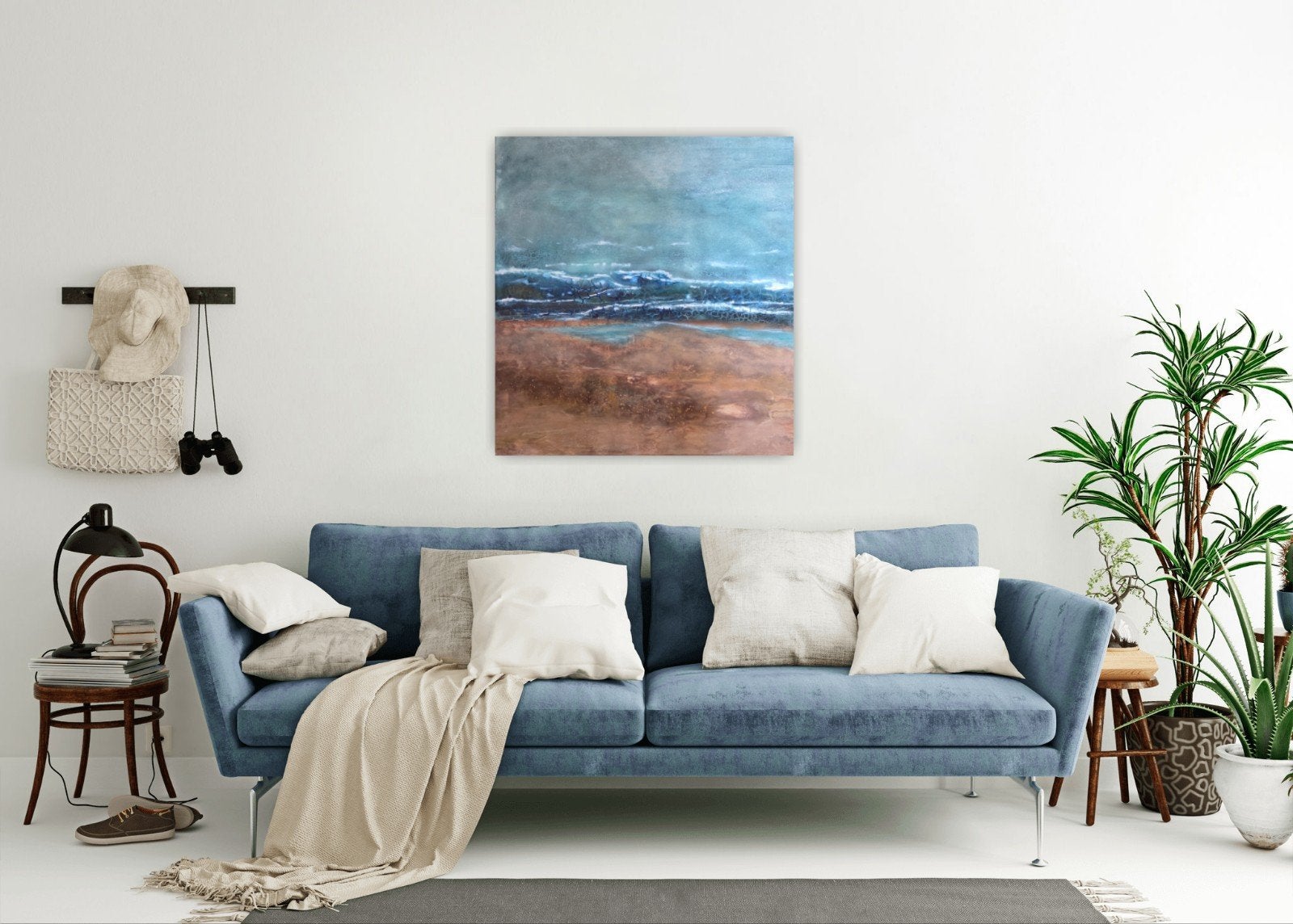 Abstract Schilderij: Zeegezicht met Aardetinten, Antiek en Kunst, Ophalen of Verzenden