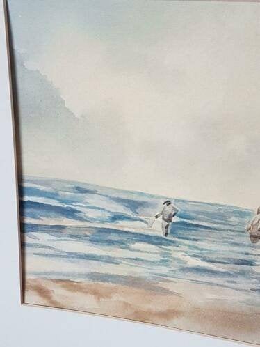 aquarel schelpenvisser strand W. Eunis met passepartout, Antiek en Kunst, Ophalen
