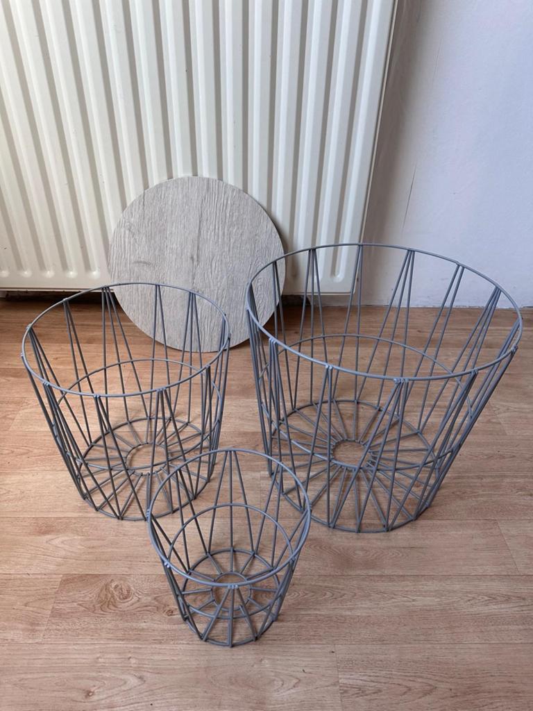 Set van 3 metalen draadmanden met 1 houten deksel, 50 tot 75 cm, Rond, Zo goed als nieuw, Metaal