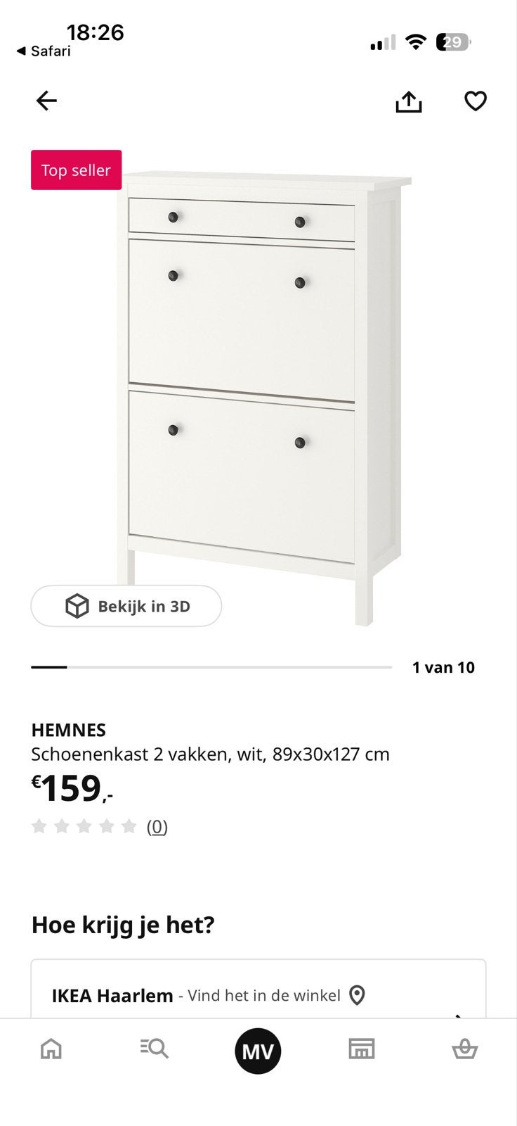 IKEA HEMNES Schoenenkast 2 vakken, wit, Ophalen, Gebruikt