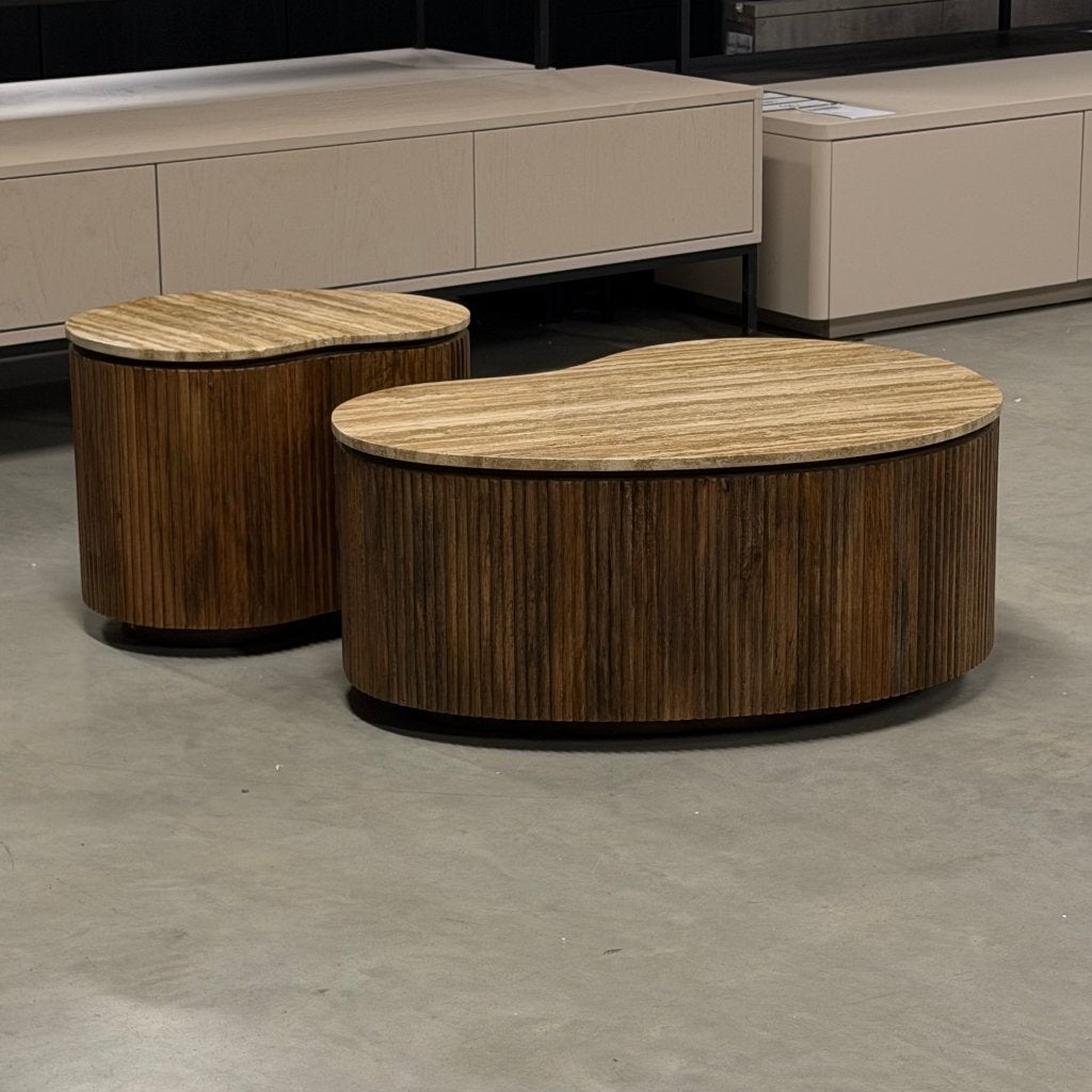 salon tafel japandi travertine set van twee **tweede kans**, Huis en Inrichting, Tafels | Salontafels, Ophalen, Japandi, 50 tot 100 cm
