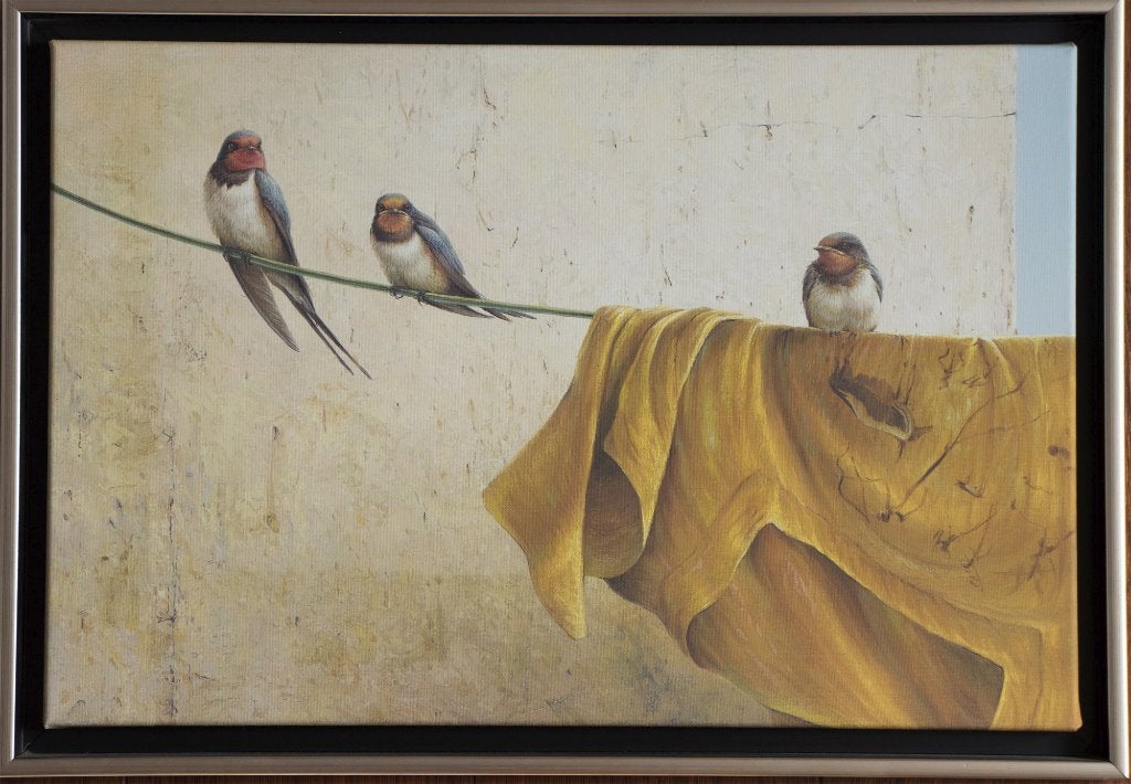 Gicleé: Waslijn met zwaluwen | Erik van Ommen, Antiek en Kunst, Ophalen, Ingelijst, Dieren