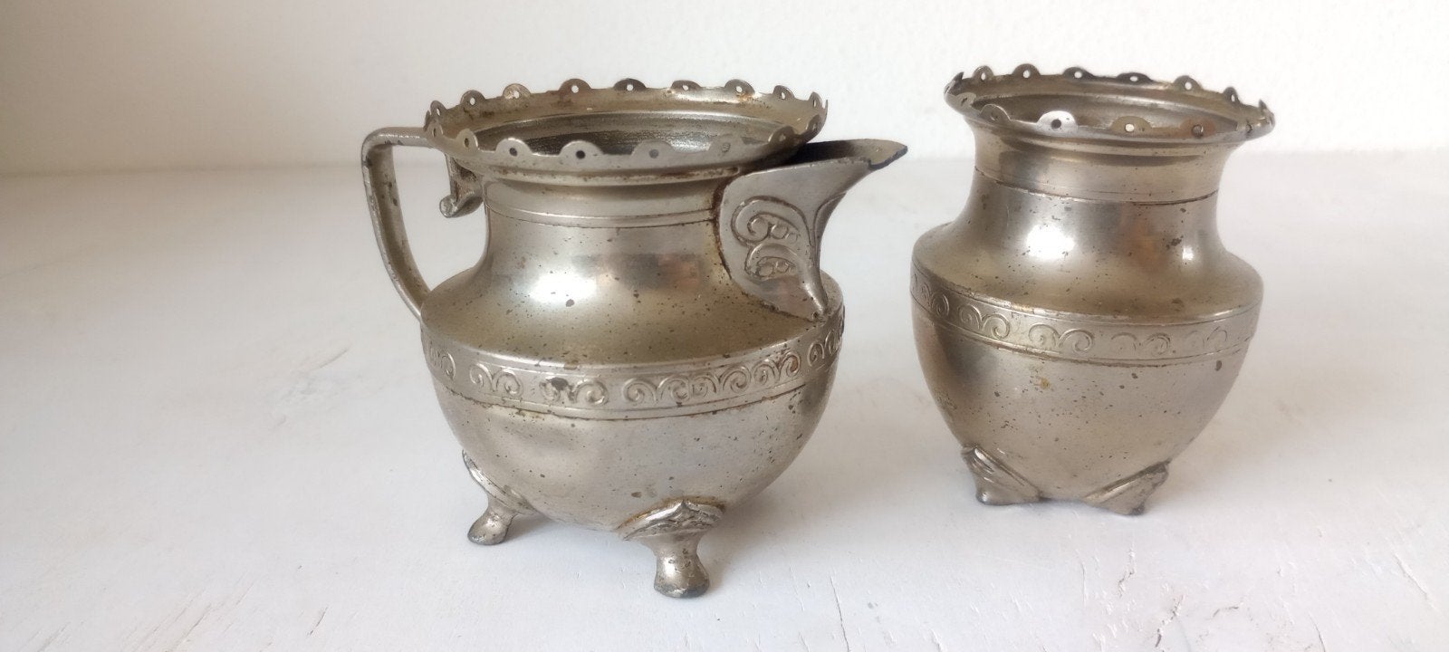 Antiek Tin Set: Melkkannetje & Vaasje - RIO Tiel (1918), Ophalen of Verzenden