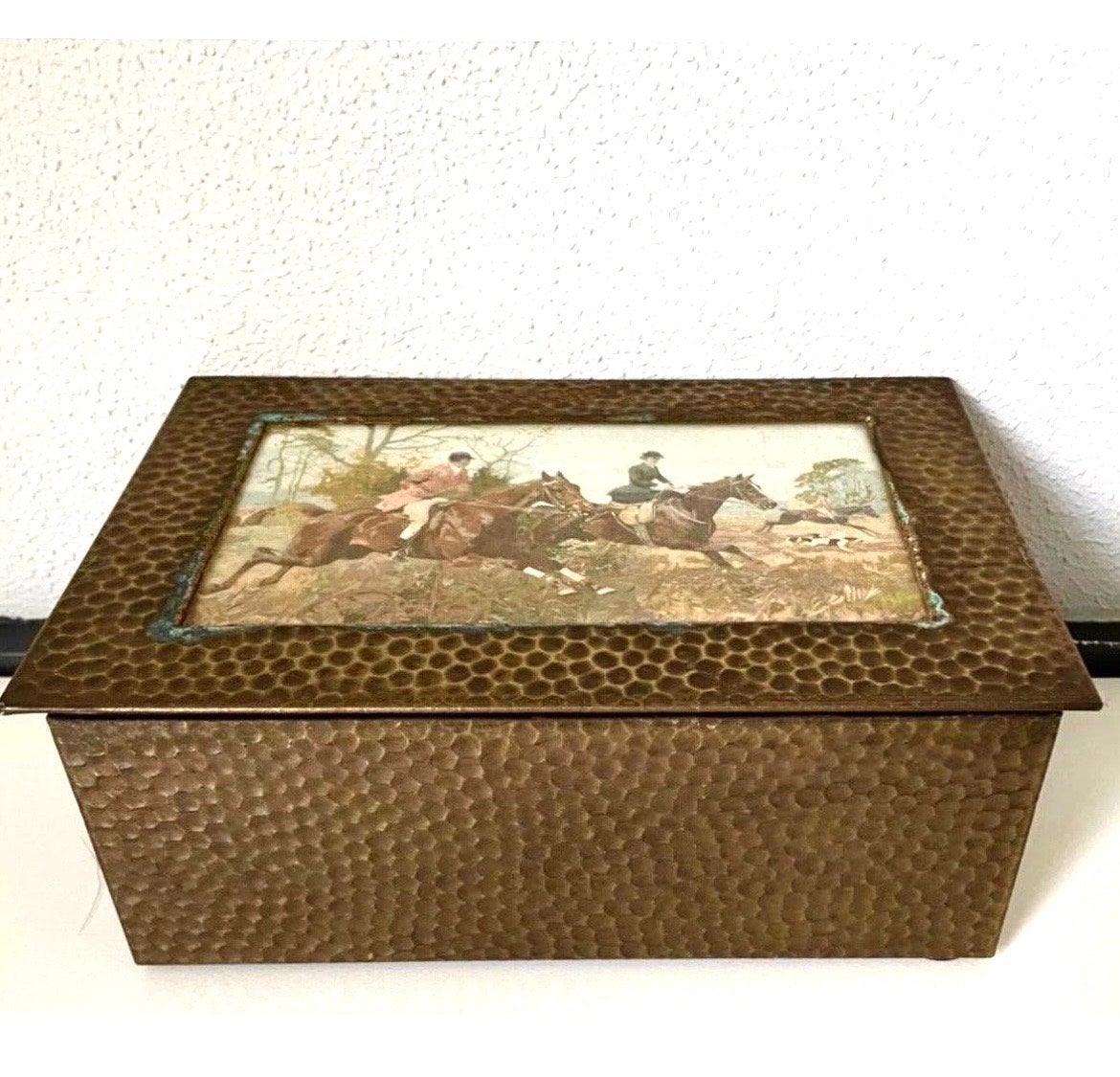 Antieke koperen doos met jachtscène, Ophalen of Verzenden