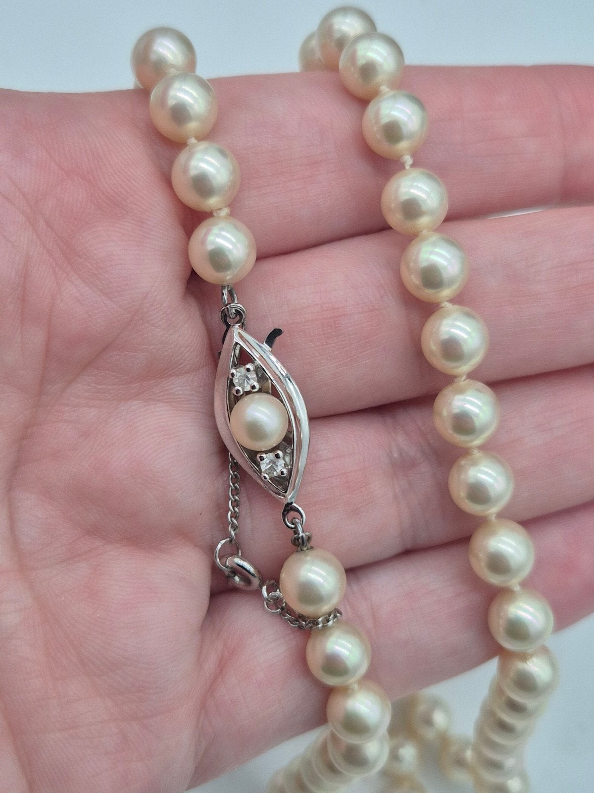 Prachtige imitatie parelketting met zilveren sluiting 925, Verzenden, Gebruikt, Wit, Zilver