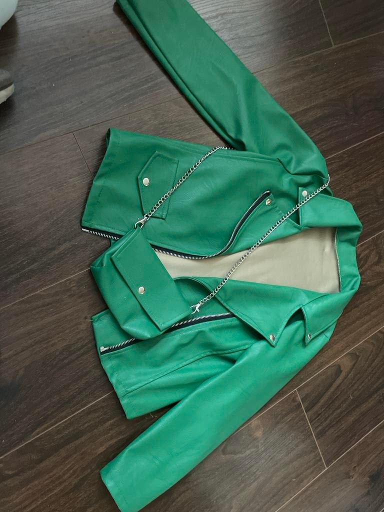 Groen leren jasje met ketting - Maat 140, Ophalen of Verzenden, Zo goed als nieuw, Groen