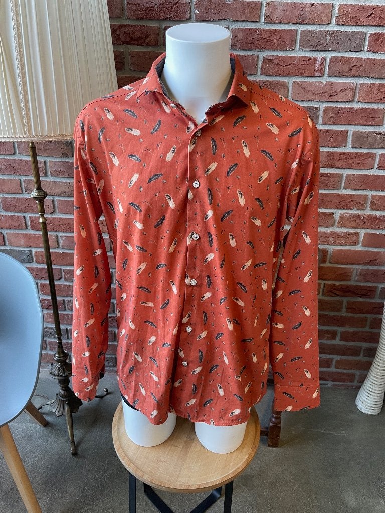 Retro print blouse Arya, oranje, lange mouw, slimfit, XL, Ophalen of Verzenden, Zo goed als nieuw, Halswijdte 43/44 (XL), Oranje