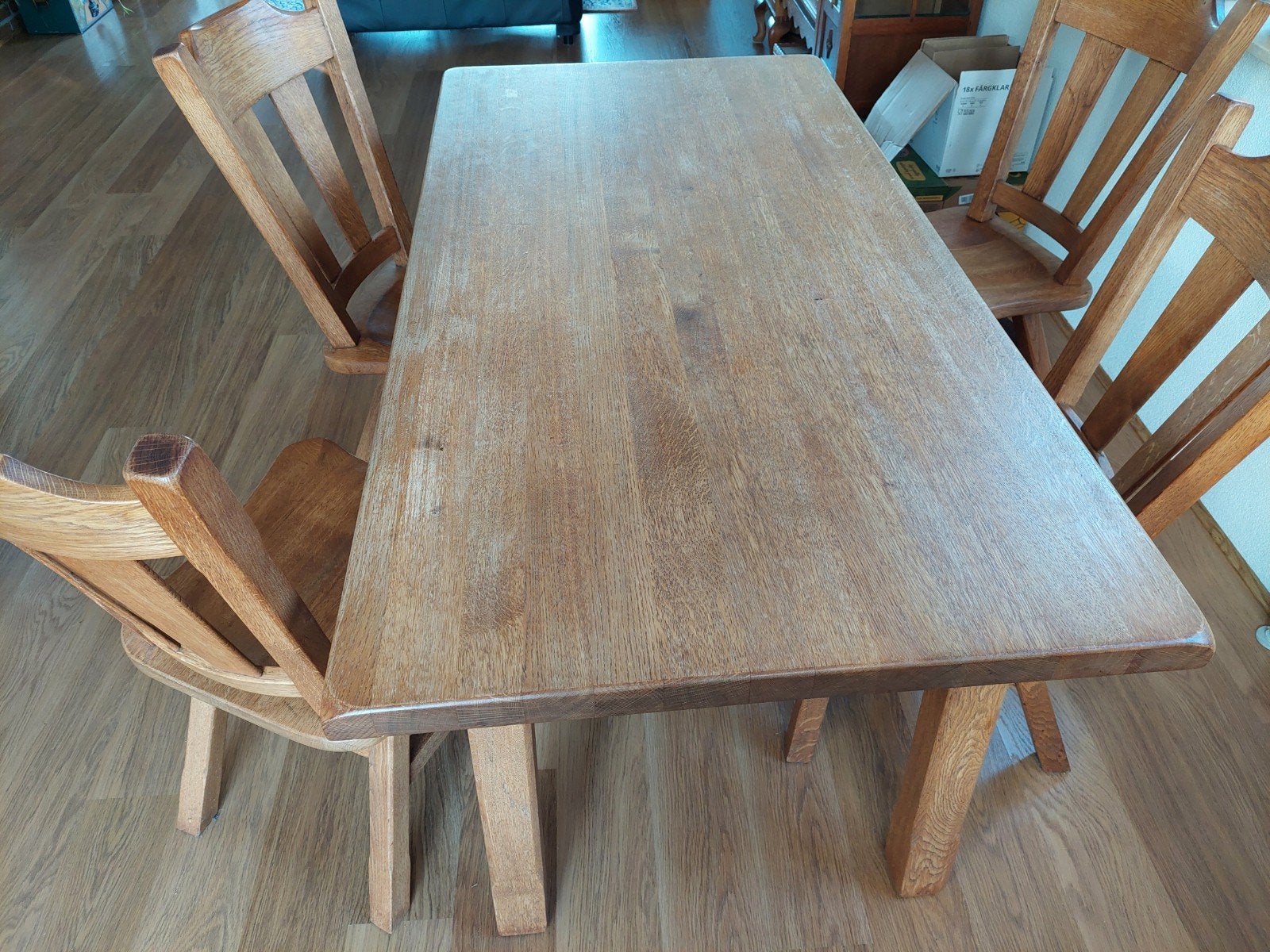eiken eetkamertafel en stoelen, Ophalen, Gebruikt, Eikenhout, 50 tot 100 cm