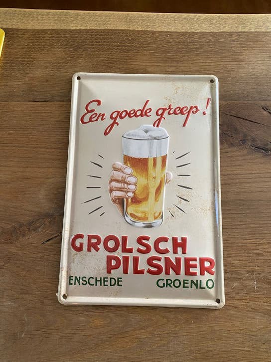 Vintage Grolsch Pilsner Reclamebord - "Een goede greep!", Ophalen of Verzenden, Gebruikt, Reclamebord