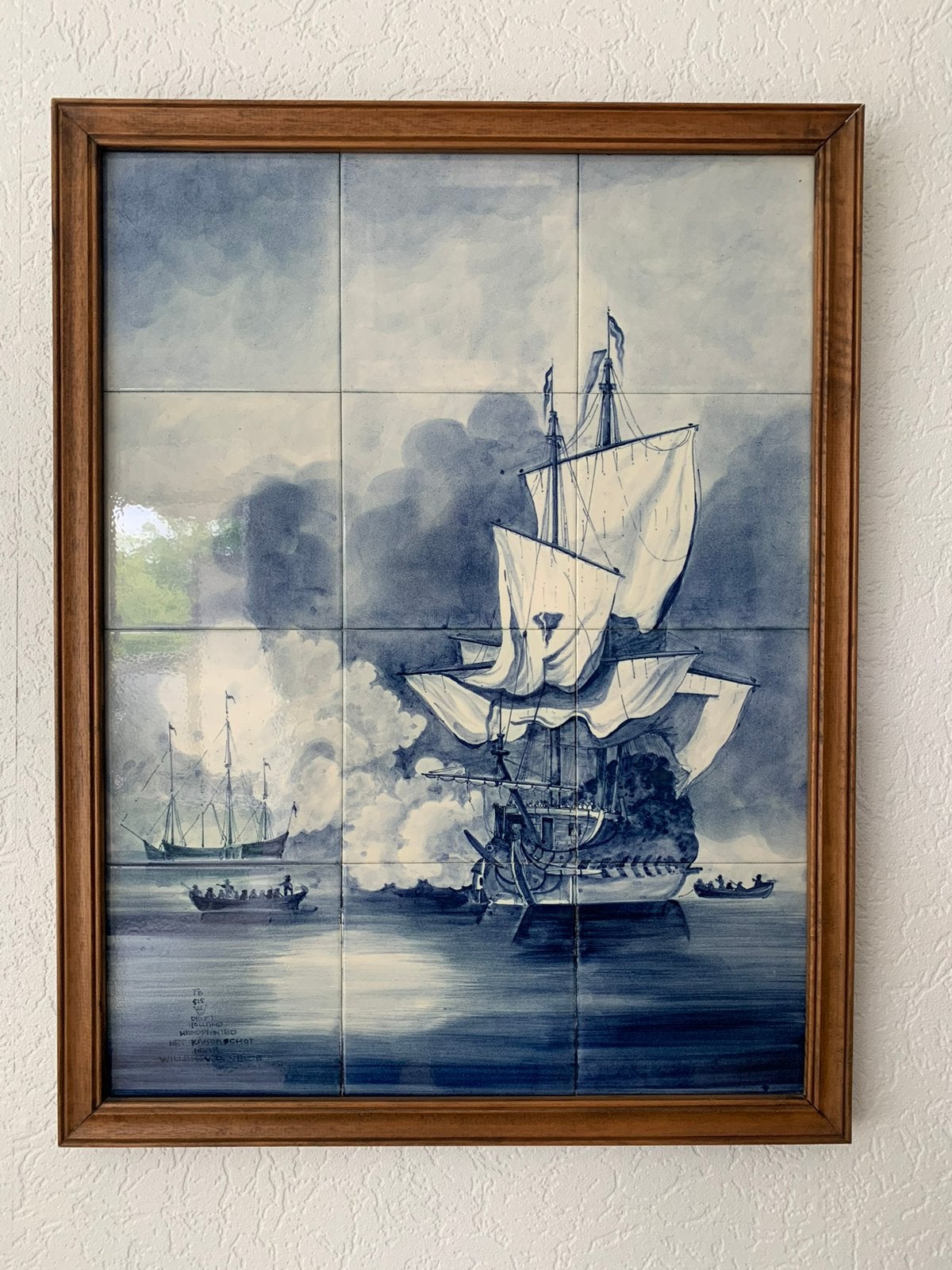 Delfts blauw tegeltableau - Het Kanonschot, Ophalen of Verzenden, Handgeschilderd, Maritiem / water