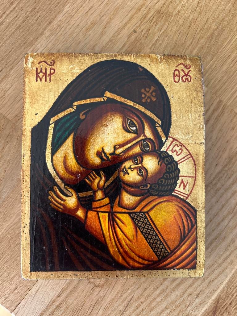 Handgeschilderd orthodoxe icoon, Maria & Kind -Eleousa stijl, Ophalen of Verzenden, Zo goed als nieuw