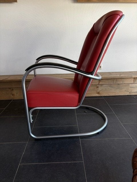 Gispen AA fauteuil, zijdemat frame, rood leder, Gebruikt, Design, 75 tot 100 cm, Leer