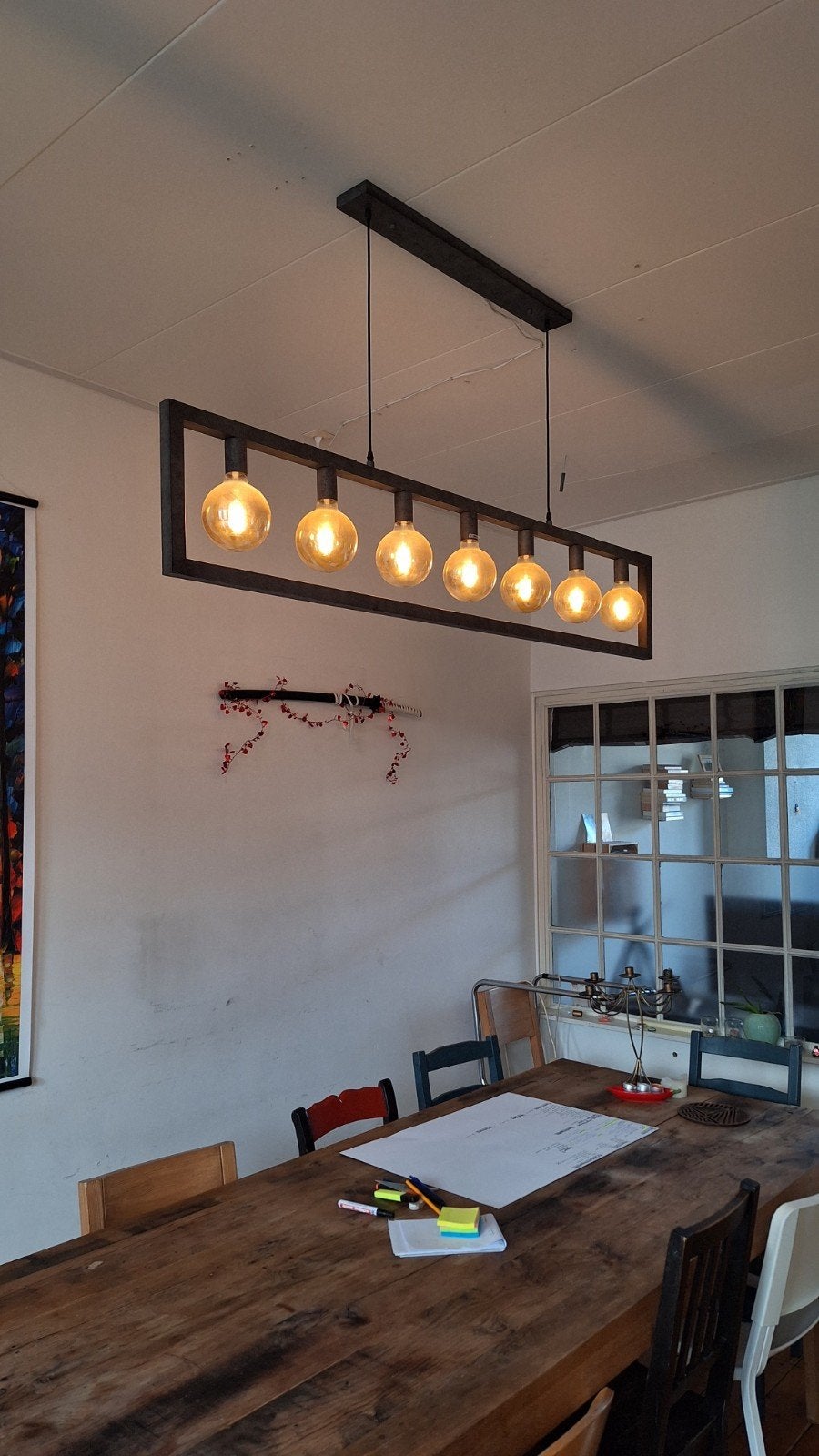 Metalen frame hanglamp met 7 dimbare Philips LED Lampen, Ophalen, E27 (groot), Zo goed als nieuw, Glas