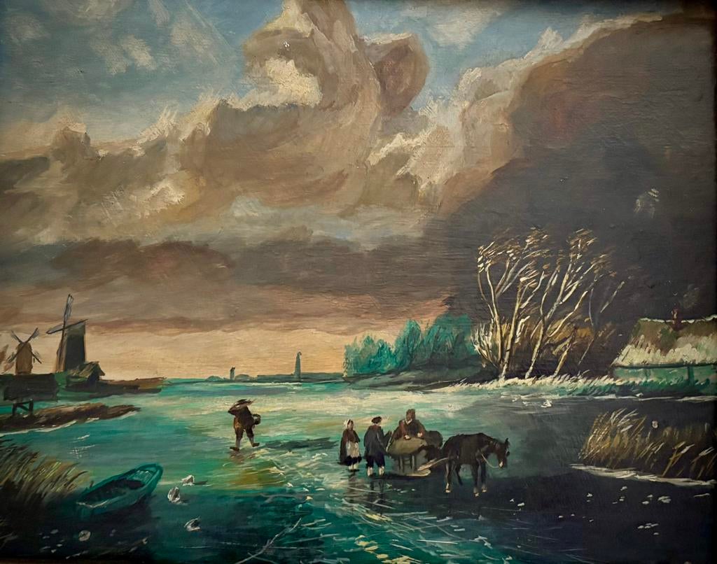 Olieverf schilderij paneel wintergezicht., Antiek en Kunst, Kunst | Schilderijen | Klassiek, Ophalen of Verzenden