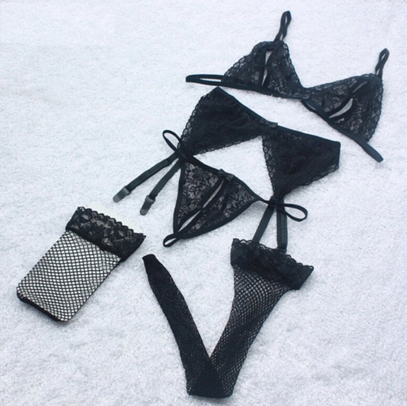 Zwart lingerie setje string bh jarretels en kousen dames, Verzenden, Zwart, Setje