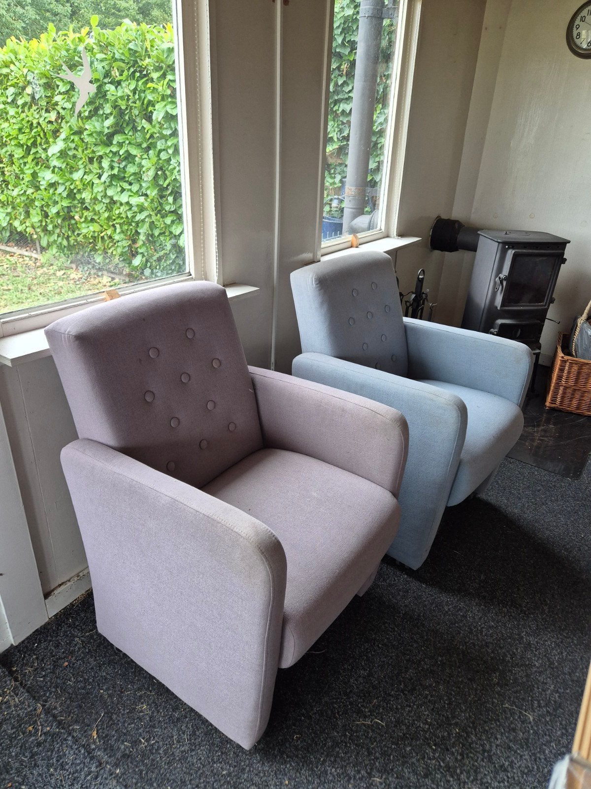 7 stoelen: 5 beige/paars en 2 blauw, Huis en Inrichting, Ophalen of Verzenden